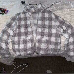 Gray and White Checkered Fleece Jacket